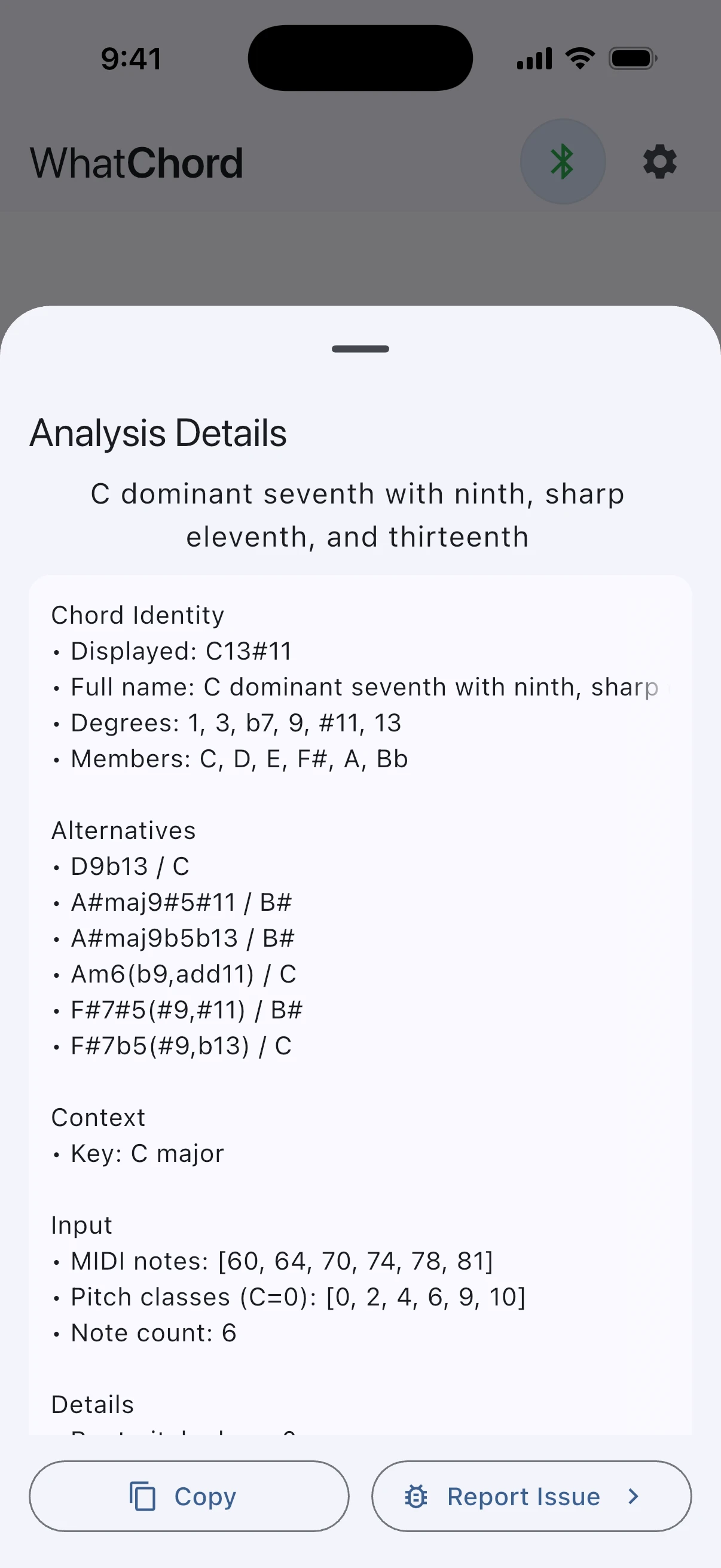 WhatChord showing detailed chord analysis with intervals and scale degrees