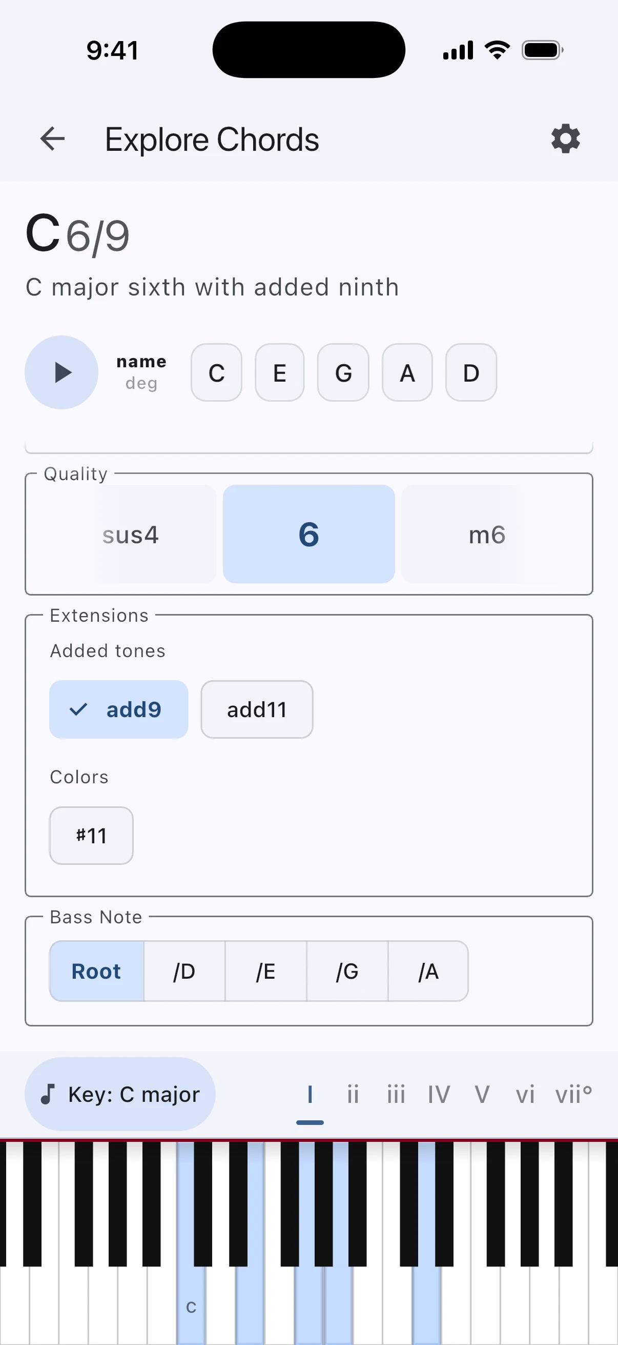WhatChord Explore Chords mode showing chord builder controls and piano keyboard