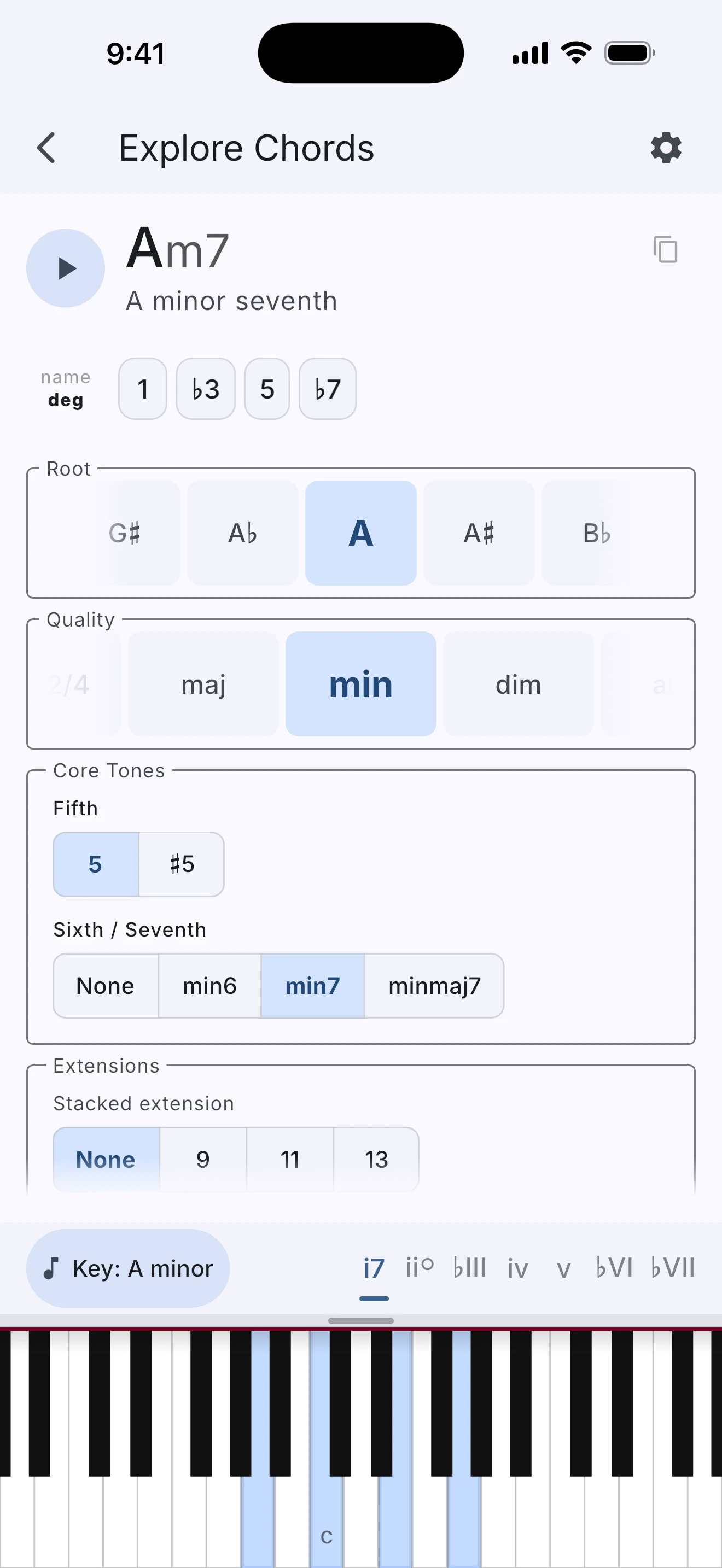 WhatChord switching between Explore Chords and Explore Scales modes on the piano keyboard