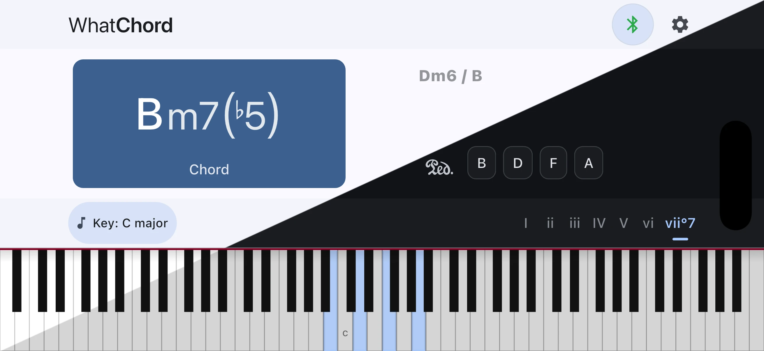 WhatChord identifying a C13♯11 chord, shown in light and dark themes side by side