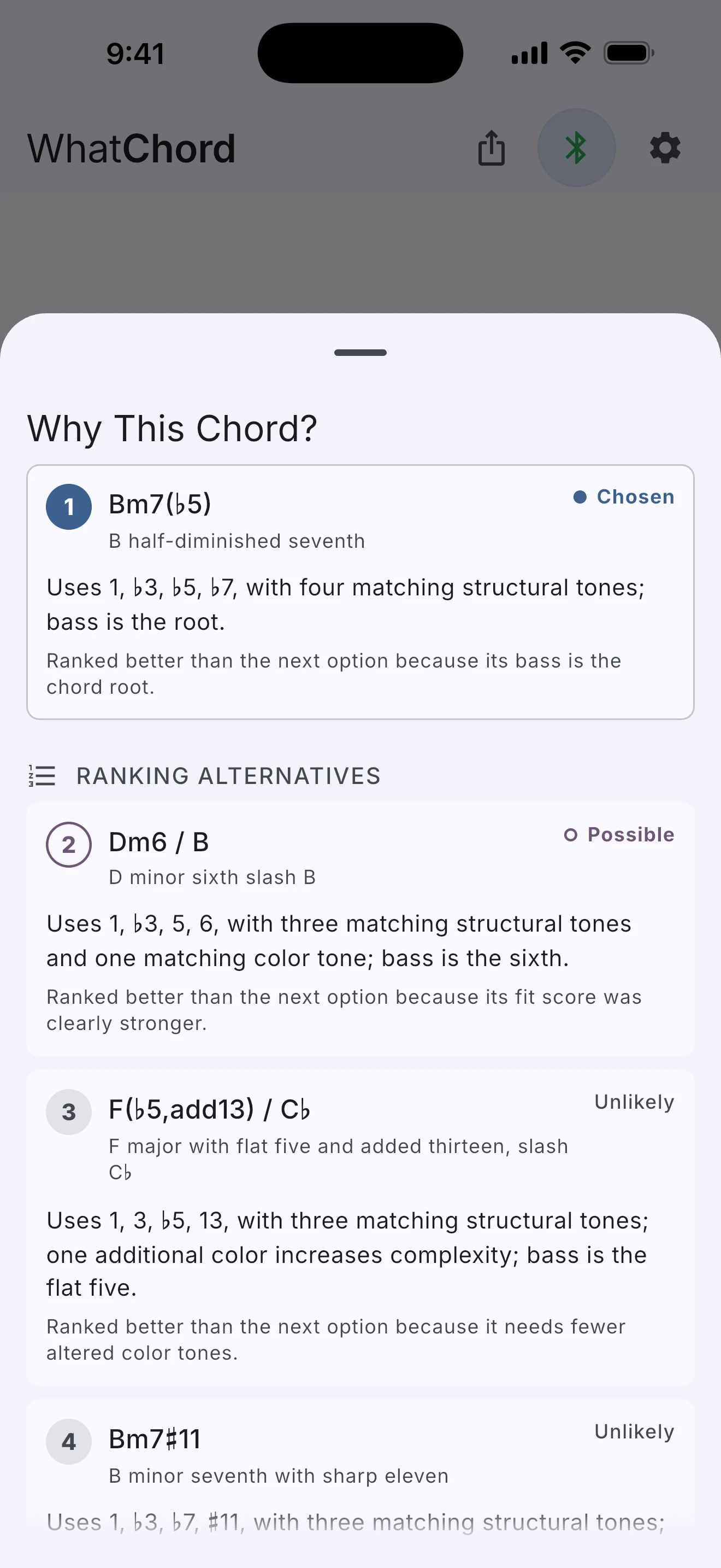 WhatChord explaining why Bm7 flat five ranked above close alternatives